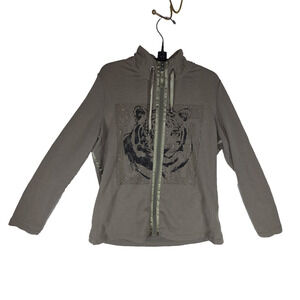 Vtg Midnight Velvet Hoodie Jacket Large Green Beige Y2k 2000s Hooded Long Sleeve